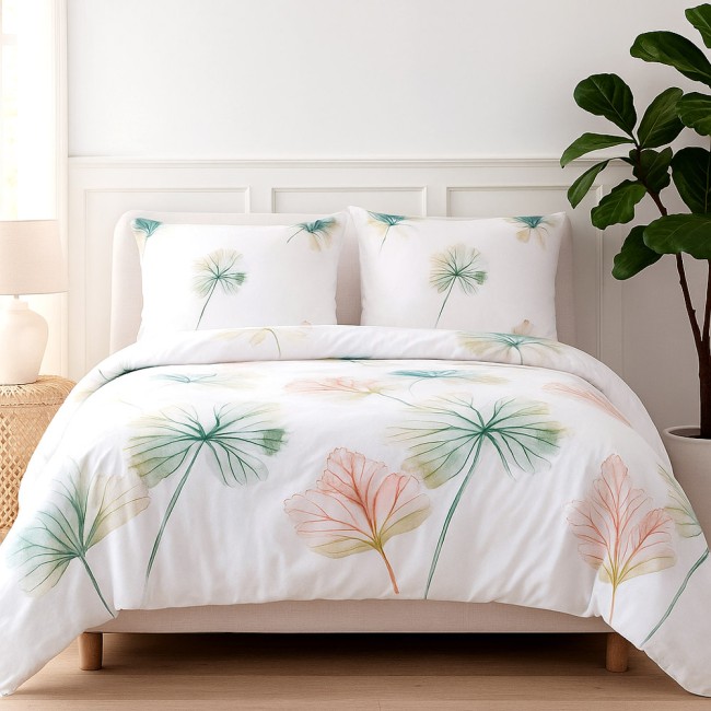  Elegancka delikatna biała pościel bawełniana satynowa 160x200 cm w liście w pastelowych kolorach 