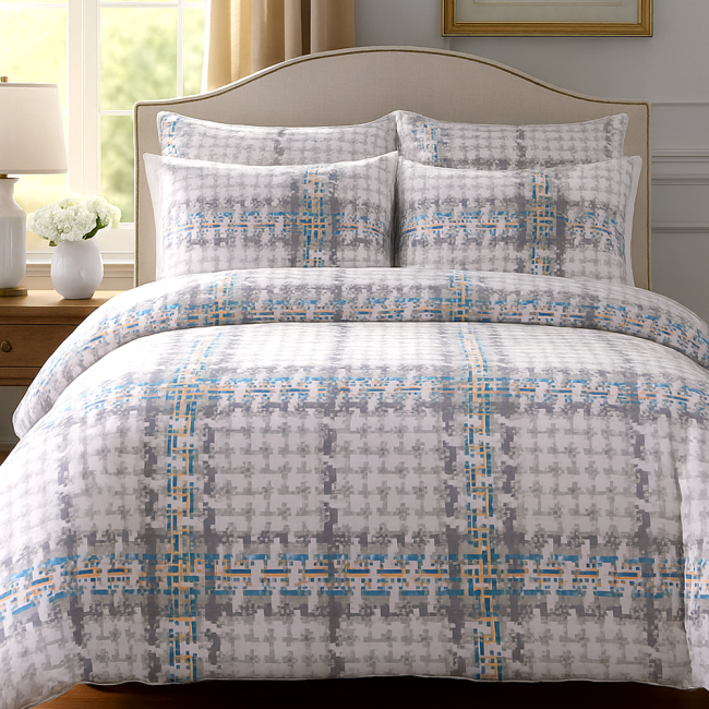  Stonowana, elegancka, miła w dotyku pościel bawełniana w rozmiarze 160x200 cm w kratkę w odcieniach szarości 