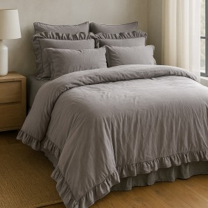 Pościel bawełniana z falbanką 220x200 Stonewashed Exclusive, Opal Grey, szara