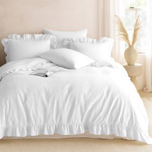 Pościel bawełniana z falbanką 160x200 Stonewashed Exclusive, Optic White, biała