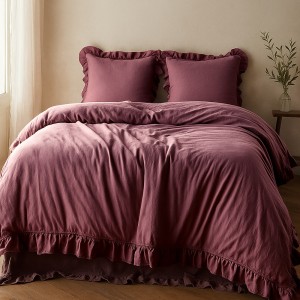 Pościel bawełniana z falbanką 160x200 Stonewashed Exclusive, Malina, fioletowa