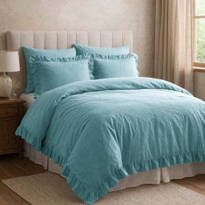 Pościel bawełniana z falbanką 160x200 Stonewashed Exclusive, Mineral Blue, niebieska