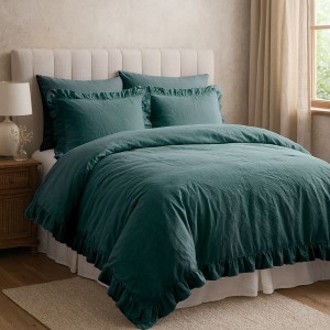 Pościel bawełniana z falbanką 160x200 Stonewashed Exclusive, Dark Green, zieleń butelkowa