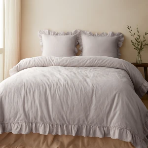 Pościel bawełniana z falbanką 220x200 Stonewashed Exclusive, Natural Cream, kremowa