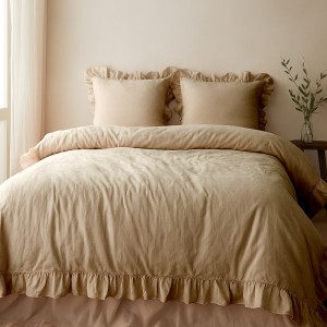 Pościel bawełniana z falbanką 160x200 Stonewashed Exclusive, Akdeniz Beige, beżowa