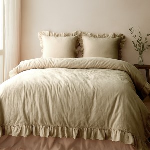 Pościel bawełniana z falbanką 160x200 Stonewashed Exclusive, Akdeniz Cream, kremowa