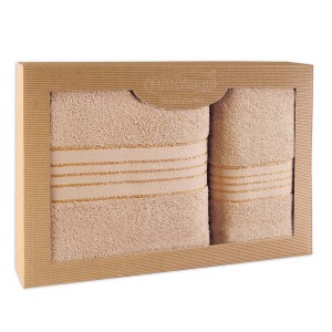 Komplet ręczników z bawełny w eco pudełku kolor beżowy z bordiurą w złote paski 500 g/m2 TIWANO 2 kpl.