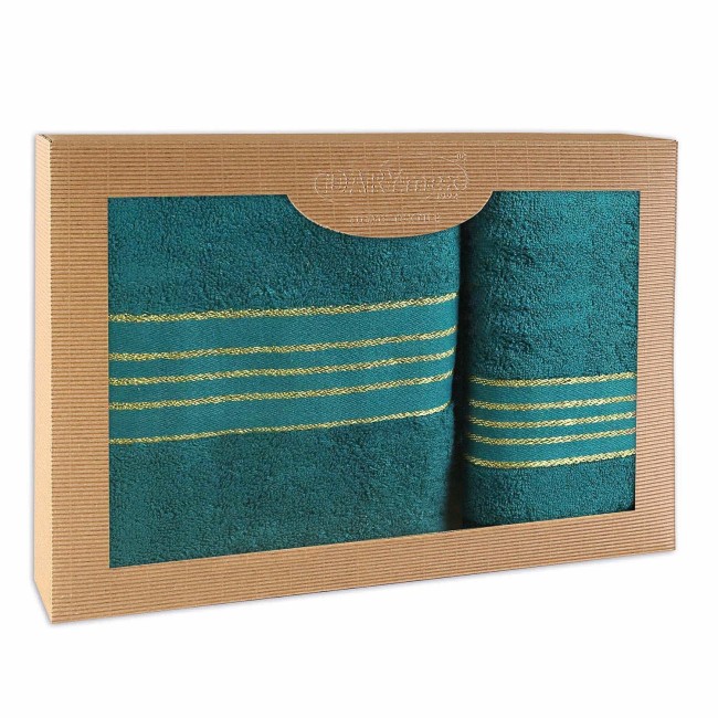  Elegancki, prezentowy komplet ręczników bawełnianych w kolorze ciemnego turkusu w eco opakowaniu 