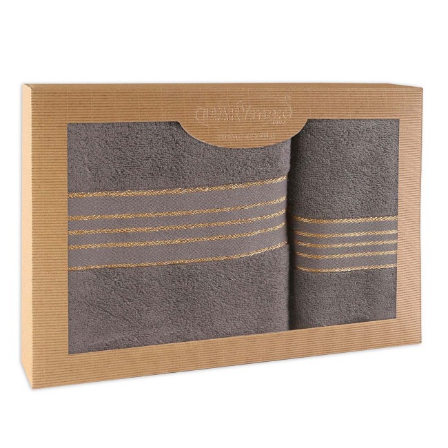  Elegancki, prezentowy komplet ręczników bawełnianych w kolorze ciemno szarym w eco opakowaniu 