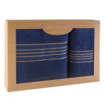 Komplet ręczników z bawełny w eco pudełku kolor ciemny niebieski z bordiurą w złote paski 500 g/m2 TIWANO 2 kpl.