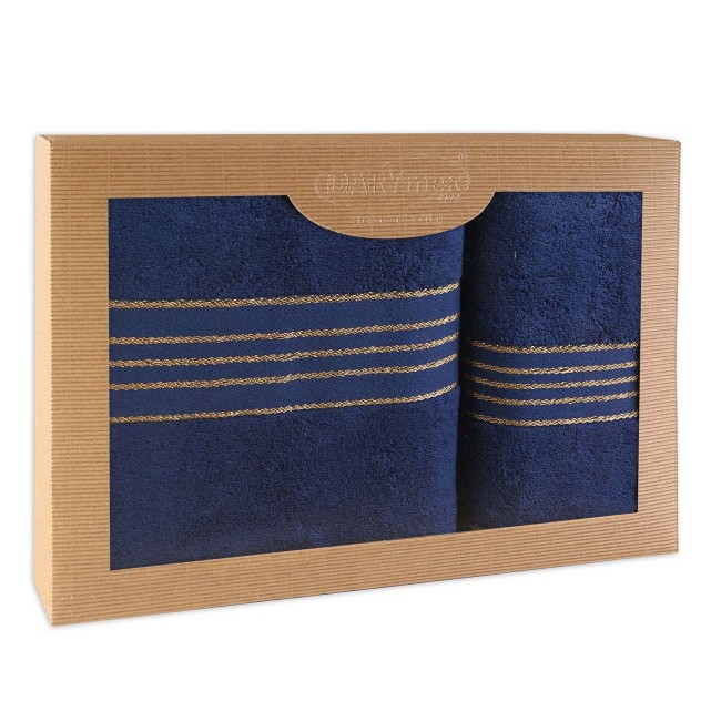  Elegancki, prezentowy komplet ręczników bawełnianych w kolorze ciemno niebieskim w eco opakowaniu 