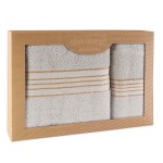 Komplet ręczników z bawełny w eco pudełku kolor jasny szary z bordiurą w złote paski 500 g/m2 TIWANO 2 kpl.