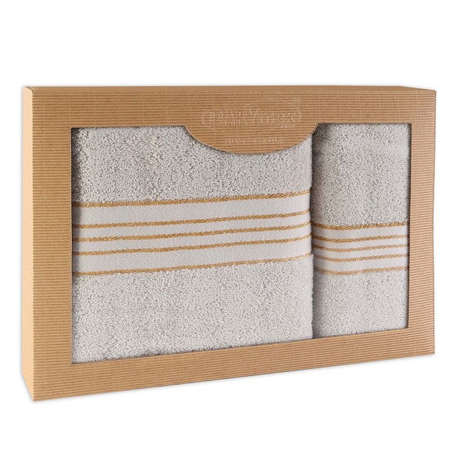 Elegancki, prezentowy komplet ręczników bawełnianych w kolorze jasny szary w eco opakowaniu 