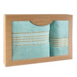 Komplet ręczników z bawełny w eco pudełku kolor jasny turkus z bordiurą w złote paski 500 g/m2 TIWANO 2 kpl.