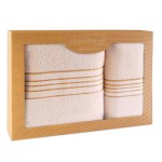 Komplet ręczników z bawełny w eco pudełku kolor kremowy z bordiurą w złote paski 500 g/m2 TIWANO 2 kpl.