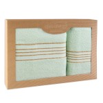 Komplet ręczników z bawełny w eco pudełku kolor jasno zielony, miętowy z bordiurą w złote paski 500 g/m2 TIWANO 2 kpl.