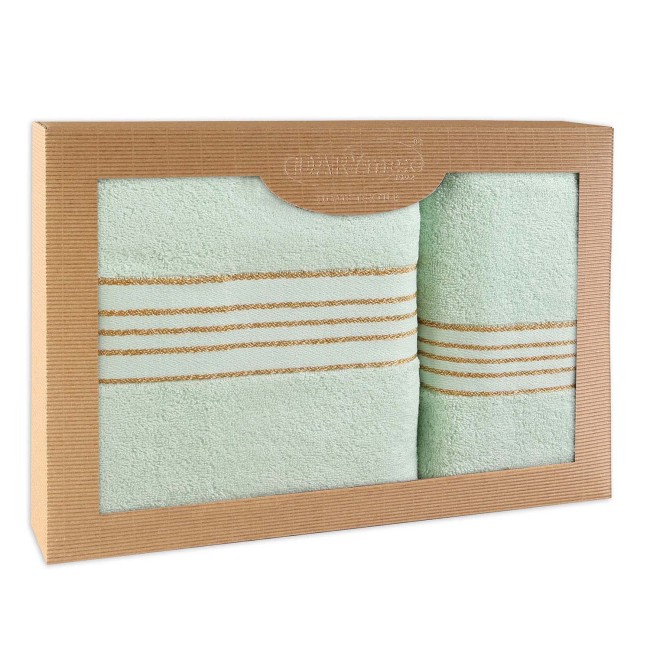  Elegancki, prezentowy komplet ręczników bawełnianych w kolorze jasno zielonym w eco opakowaniu 
