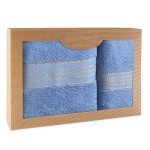 Komplet ręczników z bawełny w eco pudełku kolor niebieski z bordiurą w złote paski 500 g/m2 TIWANO 2 kpl.