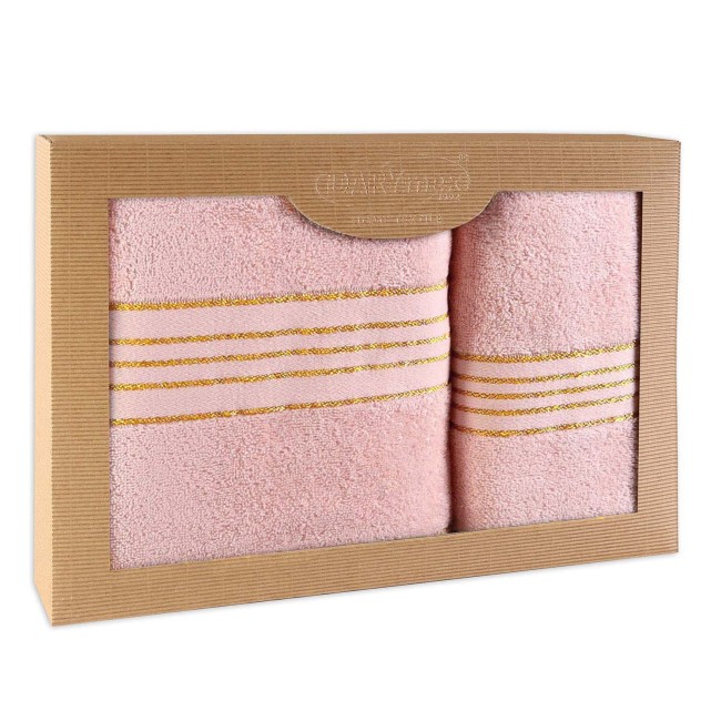  Elegancki, prezentowy komplet ręczników bawełnianych w kolorze różowym w eco opakowaniu 