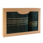 Komplet ręczników z bawełny w eco pudełku kolor butelkowa zieleń z bordiurą w złote paski 500 g/m2 TIWANO 2 kpl.