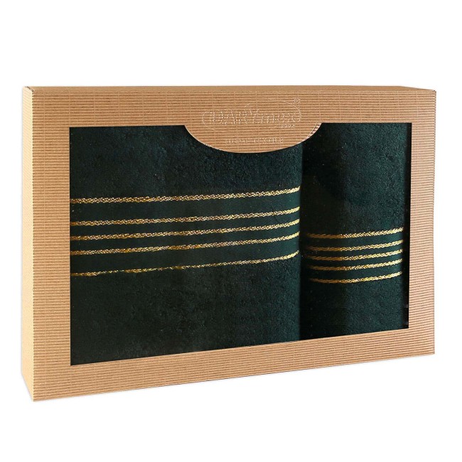  Elegancki, prezentowy komplet ręczników bawełnianych w kolorze zieleni butelkowej w eco opakowaniu 