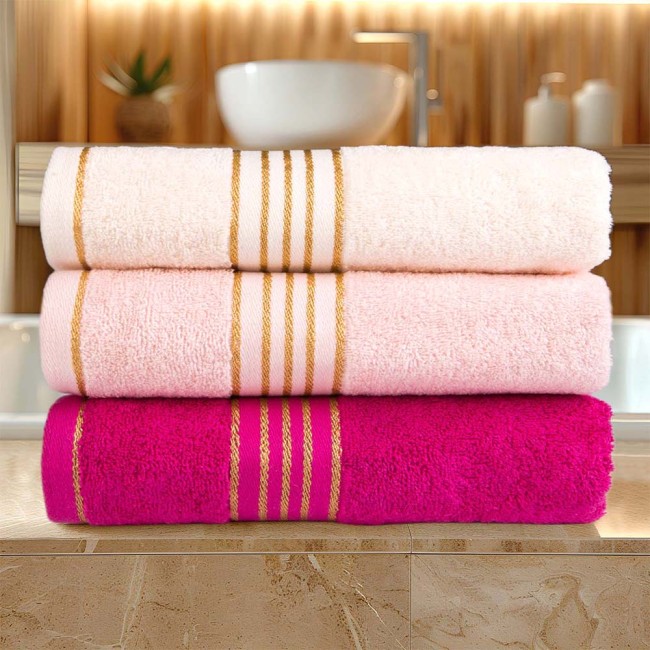 Komplet ręczników z bawełny w eco pudełku kolor różowy z bordiurą w złote paski 500 g/m2 TIWANO 2 kpl.