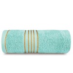 Komplet ręczników z bawełny w eco pudełku kolor jasny turkus z bordiurą w złote paski 500 g/m2 TIWANO 2 kpl.