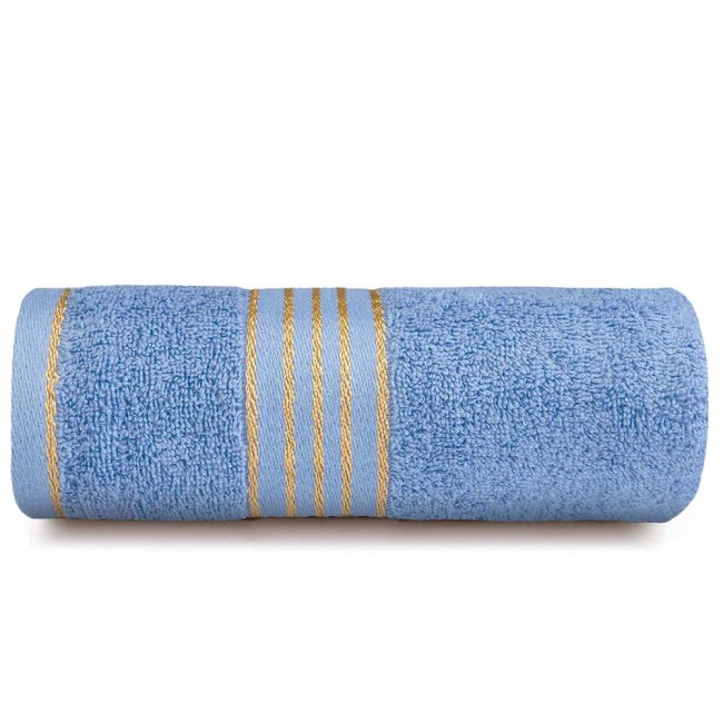 Komplet ręczników z bawełny w eco pudełku kolor niebieski z bordiurą w złote paski 500 g/m2 TIWANO 2 kpl.