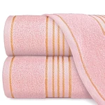 Komplet ręczników z bawełny w eco pudełku kolor jasno różowy z bordiurą w złote paski 500 g/m2 TIWANO 2 kpl.