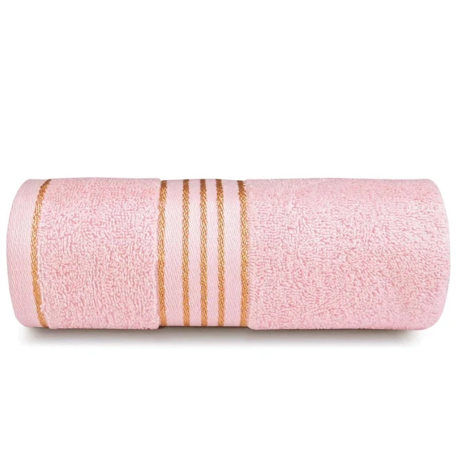 Komplet ręczników z bawełny w eco pudełku kolor jasno różowy z bordiurą w złote paski 500 g/m2 TIWANO 2 kpl.