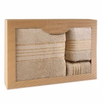Komplet ręczników z bawełny w eco pudełku kolor beżowy z bordiurą w złote paski 500 g/m2 TIWANO 3 kpl.