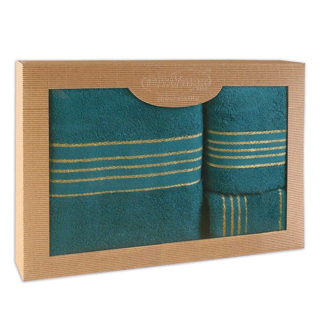  Elegancki, prezentowy komplet trzech ręczników bawełnianych w kolorze ciemnego turkusu w eco opakowaniu 