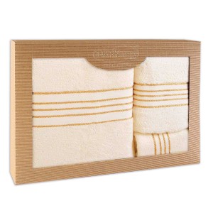 Komplet ręczników z bawełny w eco pudełku kolor ecru z bordiurą w złote paski 500 g/m2 TIWANO 3 kpl.