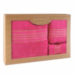 Komplet ręczników z bawełny w eco pudełku kolor różowy z bordiurą w złote paski 500 g/m2 TIWANO 3 kpl.