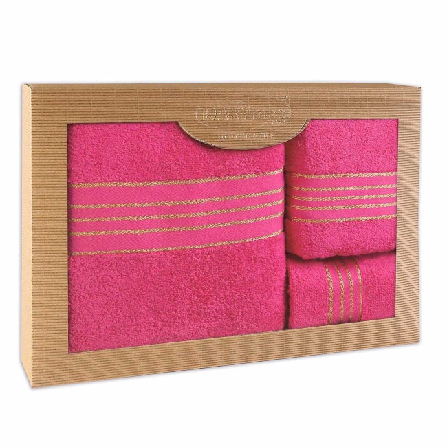  Elegancki, prezentowy komplet trzech ręczników bawełnianych w kolorze różowej fuksji w eco opakowaniu 