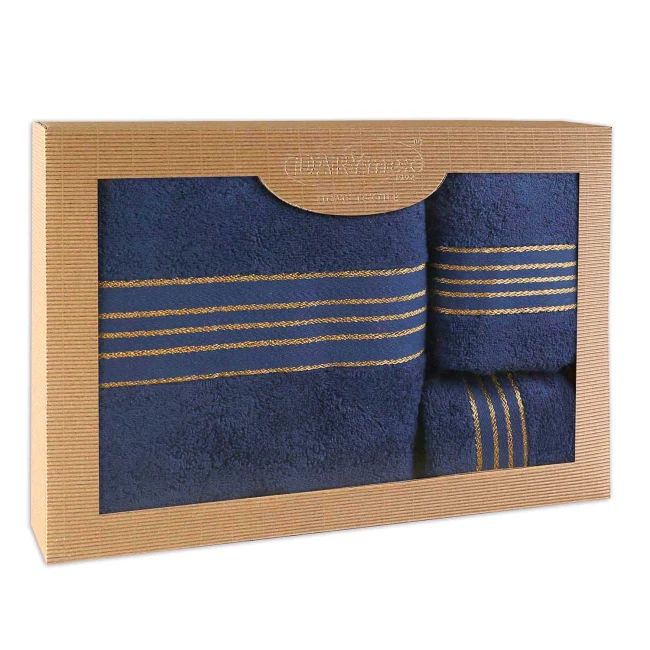  Elegancki, prezentowy komplet trzech ręczników bawełnianych w kolorze ciemno niebieskim w eco opakowaniu 