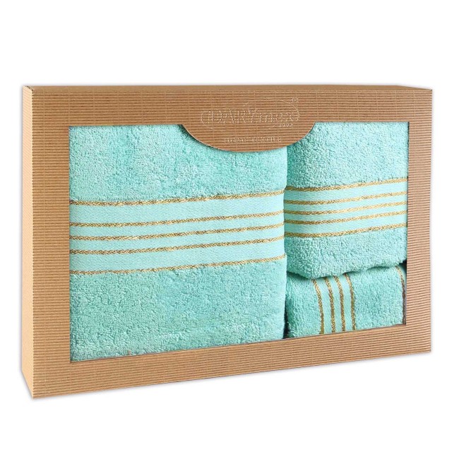  Elegancki, prezentowy komplet trzech ręczników bawełnianych w kolorze jasny turkus w eco opakowaniu 
