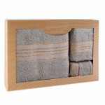 Komplet ręczników z bawełny w eco pudełku kolor szary z bordiurą w złote paski 500 g/m2 TIWANO 3 kpl.