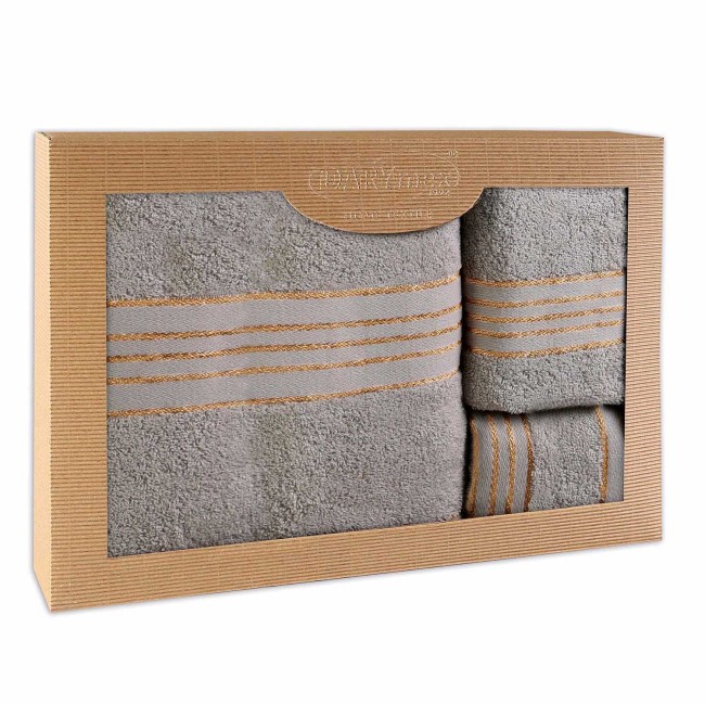  Elegancki, prezentowy komplet trzech ręczników bawełnianych w kolorze szarym w eco opakowaniu 