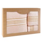 Komplet ręczników z bawełny w eco pudełku kolor jasno różowy z bordiurą w złote paski 500 g/m2 TIWANO 3 kpl.