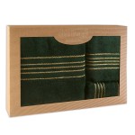 Komplet ręczników z bawełny w eco pudełku kolor butelkowa zieleń z bordiurą w złote paski 500 g/m2 TIWANO 3 kpl.