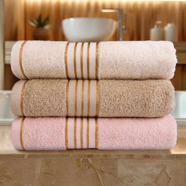 Komplet ręczników z bawełny w eco pudełku kolor beżowy z bordiurą w złote paski 500 g/m2 TIWANO 3 kpl.