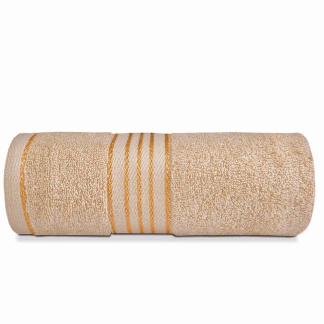 Komplet ręczników z bawełny w eco pudełku kolor beżowy z bordiurą w złote paski 500 g/m2 TIWANO 3 kpl.