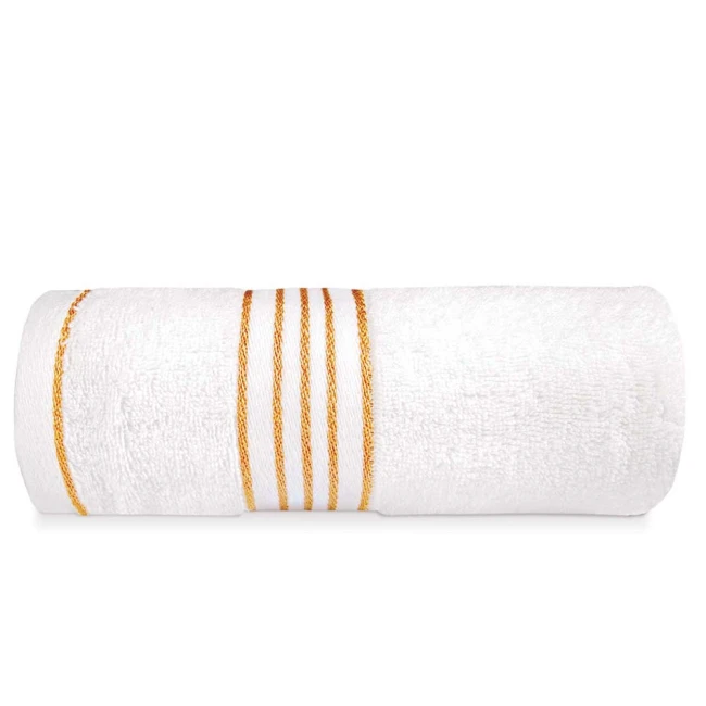 Komplet ręczników z bawełny w eco pudełku kolor biały z bordiurą w złote paski 500 g/m2 TIWANO 3 kpl.