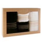 Komplet ręczników z bawełny w eco pudełku biały i czarny z bordiurą w złote paski 500 g/m2 TIWANO 4 kpl.