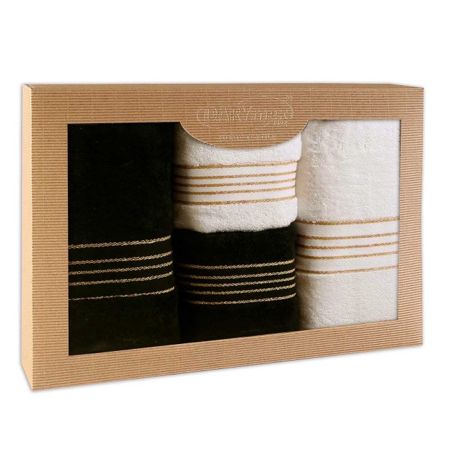  Elegancki, prezentowy komplet czterech ręczników bawełnianych w kolorach biały i czarny w eco opakowaniu 
