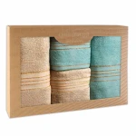Komplet ręczników z bawełny w eco pudełku beżowy i jasny turkus z bordiurą w złote paski 500 g/m2 TIWANO 4 kpl.