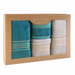 Komplet ręczników z bawełny w eco pudełku jasny szary i ciemny turkus z bordiurą w złote paski 500 g/m2 TIWANO 4 kpl.