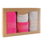 Komplet ręczników z bawełny w eco pudełku jasny szary i różowy z bordiurą w złote paski 500 g/m2 TIWANO 4 kpl.