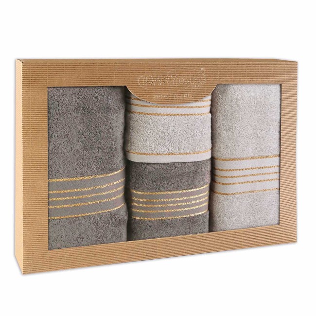  Elegancki, prezentowy komplet czterech ręczników bawełnianych w kolorach jasny szary i szary w eco opakowaniu 